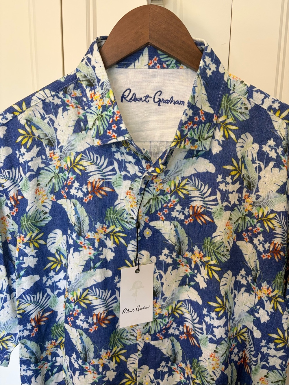 Robert Graham Linen Blend - Men’s Blue Tropical Print Button-Down Shirt